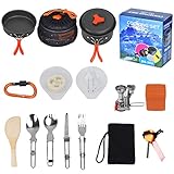 MEJOR PRECIO/AHORRAR DINERO-Outtybrave 17 pcs juego de utensilios de cocina de camping includes PLEGAR PIEZAS DE ACERO INOXIDABLE / CUCHARA + CUCHARA+ PASEO+ CUCHILLO+ MINI ESTUFA CON IGNICION PIEZO +Pote antiadherente de aluminio anodizado+ Sartén Antiadherente + Tapa de sartén + 2 tazones de fuente libre de BPA + Cuchara de sopa libre de BPA+ Cucharón de arroz+ Esponja de lufa+ Mosquetón＋Bolsa de nylon