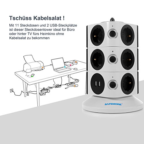 SAFEMORE Schaltbare 11 Fach Steckdosenleiste Mehrfachsteckdosen Steckdosenturm mit 2 USB Anschlüsse 2500W/10A Schwarz - 5