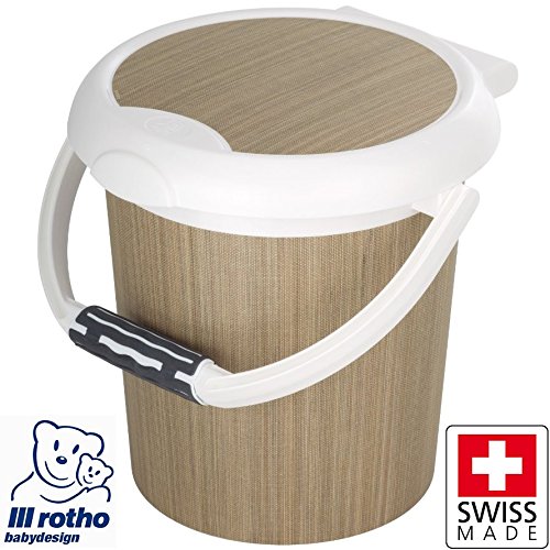 Rotho® Babydesign 11L Baby Nappy Changing Dispose Bin Bucket Pail Container with Nappy Sack Secure Ring 11 Litre (Swiss Made) (Nature)