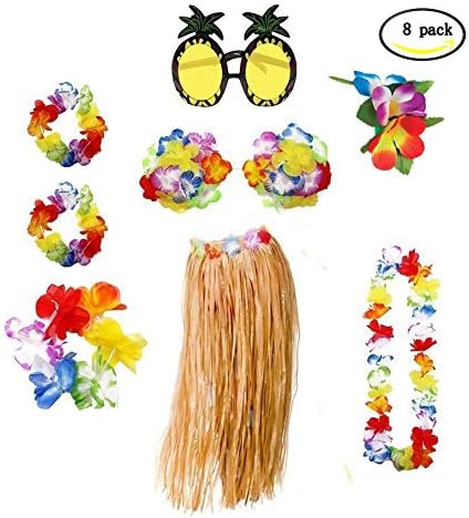 BUWANT Hawaiian fancy dress women Necklace Leis Garland Hawaii Flower Hair Clip and Pineapple Sunglasses party decorations,8 Piece