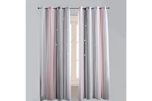 Lsimeru Gardinen Farbverlauf Blickdicht mit Sterne Muster Rosa Grau Doppelschicht Vorhänge Kinderzimmer Mädchen Prinzessin Ösenvorhange Verdunkelung Kinder Kurz,132x160