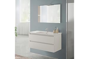 Inbagno Mobile bagno sospeso 100 cm rovere bianco con 2 cassetti, completo di lavabo e specchiera a filo reversibile, NADIA