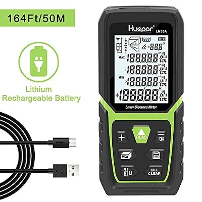 Huepar Télémètre Laser 50m de Haute Précision avec Batterie Li-Ion et Capteur D'angle Électronique, Écran LCD Rétro-Éclairé, Modes de Mesure Multiples M/In/Ft, Pythagore, Distance, Volume-LM50A