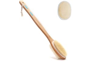 Brosse de douche Ithyes avec poils doux et rigides Brosse pour le corps Brossage à sec Brosse de bain pour le dos Brosse de bain en bois Manche long Poils naturels Massage exfoliant Tête de,Loofah Pad