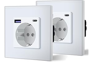 BSEED Enchufe Pared con 20W USB y Tipo C,Enchufe USB C de Cristal,Carga Rápida,3 en 1，Fácil Instalación,1 Enchufe-2 Pack,86mm Blanco