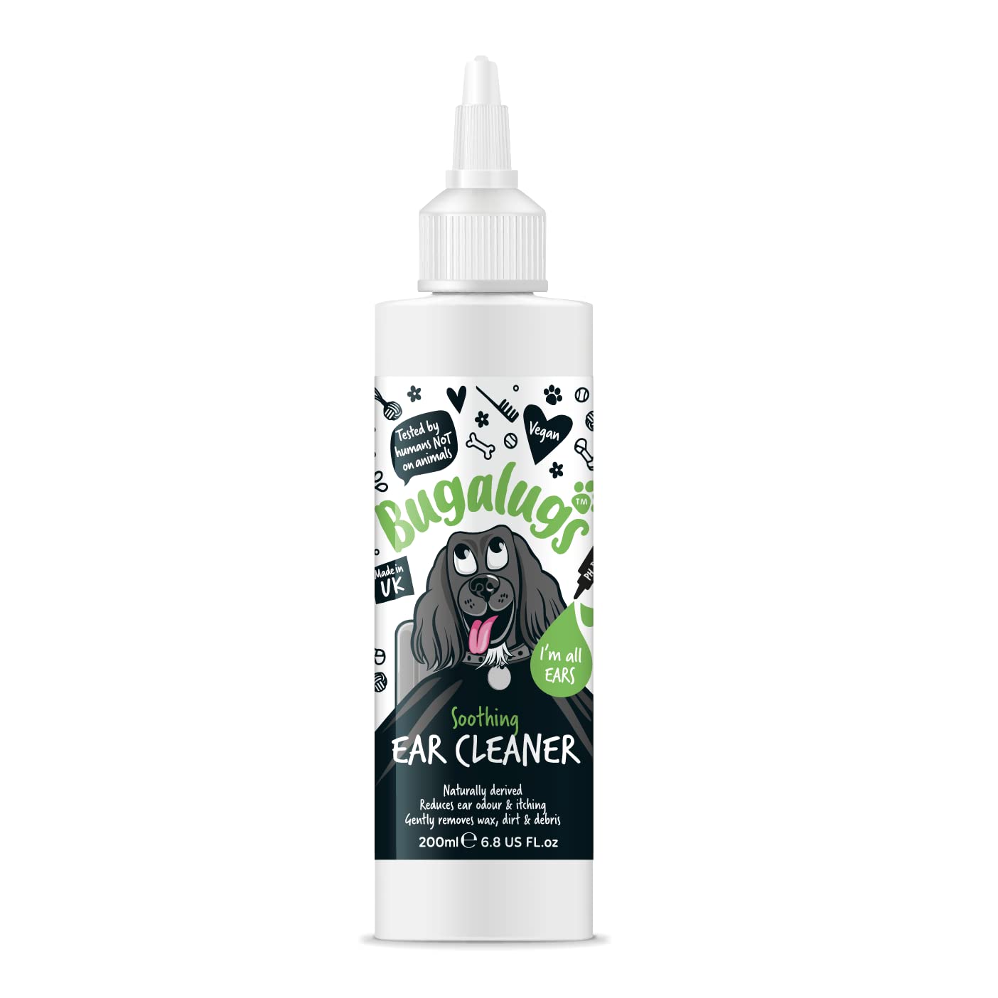 BUGALUGS Dog Ear Cleaner Dog Ear Cleaner Solution 200ml - Stop Head Shaking, Itchy & Waxy Ears - Vet Recommended Dog Ear Drops, Naturally Derived, Non-Toxic Soothing Ear Cleaner Dog