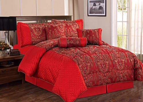 Imperial Rooms Luxury Jacquard 7 Piece Bedding Bedspreads Comforter Sets Bed Sets - Sandra (Double / Red) Include 1 Bedspread 2 Pillow 1 Valance Sheet 1 Cushion Cover 1 Decorative Pillow 1 Neck Pillow