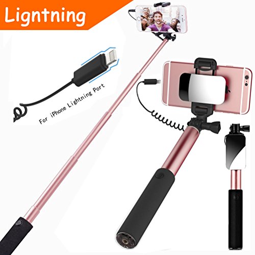 Selfie Stick [ iPhone Lightning | Mirror | Wire Control (No Bluetooth) ] ,YooGoal Extendable Compact Handheld Monopod with Mirror for HD Rear Camera Shooting and Built-in Remote Shutter for iPhone X 8 8Plus 7 7Plus 6 6S Plus 5 5S (Rose Gold)