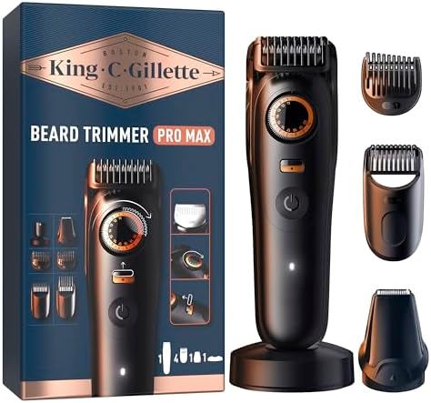 King C. Gillette Rasoio Elettrico Barba Pro Max, Regolabarba Uomo Senza Fili, 40 Impostazioni Lunghezza, Blocco Sicurezza, Spazzolina Pulizia, 4 Pettini Intercambiabili, Base Ricarica, Custodia Zip