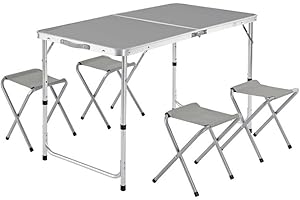 LOLAhome Mesa Plegable de Camping Con 4 Taburetes y Asa - Maletín Para Playa, Picnic - Aluminio y Loneta Gris - Regulable en 3 Niveles de Altura - 60x120x70 cm