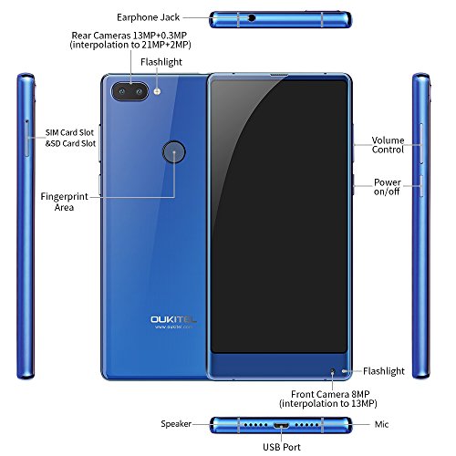 OUKITEL Mix 2 Smartphone 4G Android 7.0 (Helio P25 OctaÂ Core 2.39GHz, 5.99â€ FHD+ LTPS 18:9 Schermo, 6GB RAM 64GB ROM, 21MP+2MP+13MP Camera, Fingerprint ID, Dual SIM, 4080mAh Batteria, OTG, OTA) Blu