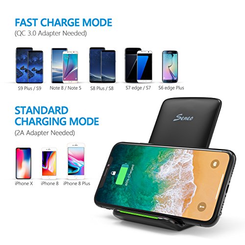 Seneo QI Wireless Charger, Fast Wireless Charging Stand Pad for Samsung Galaxy Note 8 S8 S8 Plus S7 Edge S7 S6 Edge Plus Note 5 and Standard Charge for Apple iPhone X iPhone 8 iPhone 8 Plus