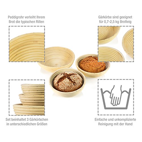 Gärkörbchen Set aus Rattan 3-tlg. Peddigrohr Rund Gärkorb Gärkörbe Brotteig Korb - 2