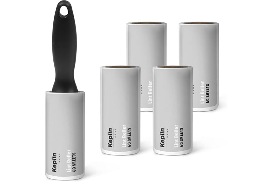 KEPLIN Lint Roller, 5 Sticky Replacement Heads with 1 Handle, Total 300 Easy Peel Sheets, Quickly Removes Animal Fur, Cat & Dog Hair, Dust & Fluff from Clothes, Furniture, Carpet (5 Pack / 300 Sheets)