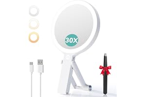 Auxmir Specchio Trucco con Luci LED, Specchio Ingranditore Bifacciale 30X/1X, 3 Colori Regolabile, Specchio da Tavolo Pieghevole, Compatto a Mano e per Appendere, Ricaricabile e Portatile da Viaggio