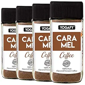 YOGAFY - CARAMEL Flavored Coffee - 200 g | Sugar Free - Instant Coffee Powder | Smooth Rich Taste | Made with 100% Pure Arabica Coffee Beans - Pack of 4 (50 Gram Each) - Instant Flavored Coffee- For Black Coffee