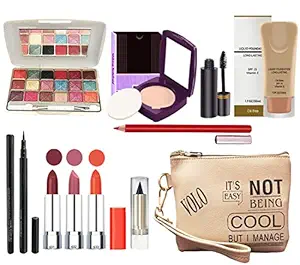 volo All In One Professional Womens Makeup Kit (3 Pcs Lipsticks,1 Eye Shadow, 1 Lip liner,1 Foundation,1 Eyeliner, 1 Compact, 1 Kajal, 1 Pouch) Set of 10 Pcs (orange)