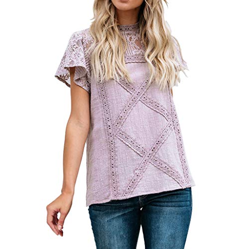Camisetas Mujer SHOBDW Dia de la Mujer Verano Patchwork De Encaje Casual Ahuecar Volantes Manga Corta Suéter De Cuello De Tortuga Linda Blusa Floral Camiseta Blanca para Mujer (S, Púrpura)