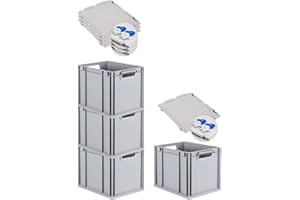 PROREGAL SuperSparSet 4x Eurobox NextGen Grip mit Scharnierdeckel und blauen Schiebeschnappverschlüssen, HxBxT 32x30x40cm, 30 L, Grau, Griffe offen, Eurobehälter, Transportbox