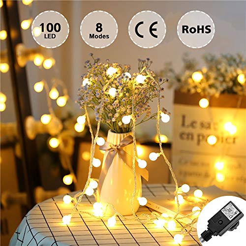 Myguru Guirlande Lumineuse 10M + 5M Câble d'Extension Extérieur Boules 100 LED Ampoule Guirlandes Lumineuses 8 Modes Décoration Fête, Noël, Mariage, Chambre, Terrasse, Jardin - Blanc Chaud