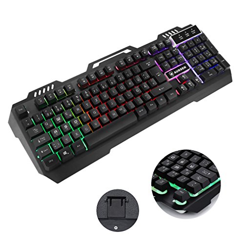 Preisvergleich Produktbild AURSEN Wired Beleuchtete Gaming Keyboard (Tastatur Kabelgebunden, Ergonomisches Design, QWERTZ-Layout Deutsch, USB, Schwarz)