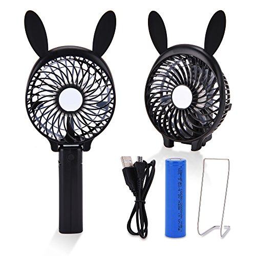 USB Ventilator, ESGOALS Mini Ventilator mit Kaninchen Ohren, Handventilator Tischventilator 3 Einstellbare Geschwindigkeitsstufen 2000mAh Kapazität mit USB Ladekabel (Schwarz)
