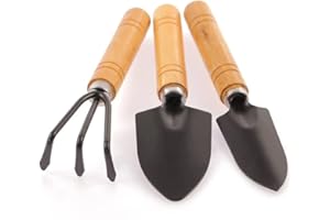 MissFox Gartenwerkzeug Set, 3 Stück Holzgriff Gartengeräte Set, Mini Gartenschaufel Rechen Spaten, Langlebig Sicher Bonsai Werkzeug für Pflanze Topfblumen