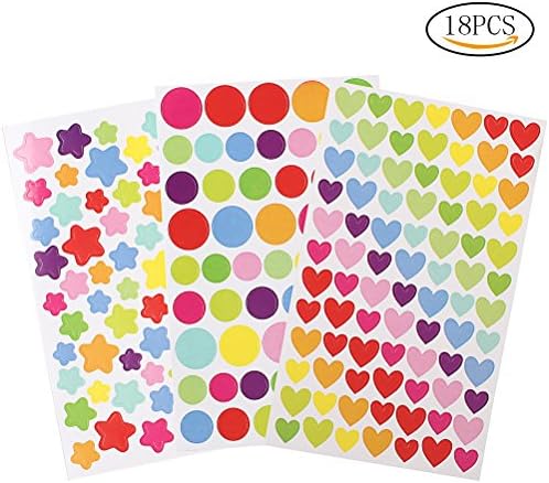 18 Sheets Stickers, borte Reward Stickers, 3 Shapes Craft Stickers, Assorted Colors Easy Peel Coding Label for Scrapbook