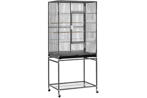 Abician Grande Cage à Oiseaux sur Pied en Métal, Cage d'élevage à roulettes avec Loquet Robuste, Étagère de Rangement, 136cm de Haut, Petits Oiseaux Noir