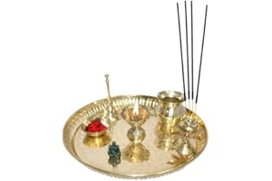 Universal Hub Pooja Thali Set Of 5 Pcs Indian Decorative Puja Items Aarti Plate For Temple, Wedding Home Décor Mandir Brass Tika Thali Diwali Decoration Gifts, Golden
