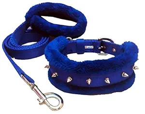 Petshop7 Nylon Fur Padded Spike Dog Collar & Dog Leash - Large (Adjustable Neck Size : 16-20inch) - Blue