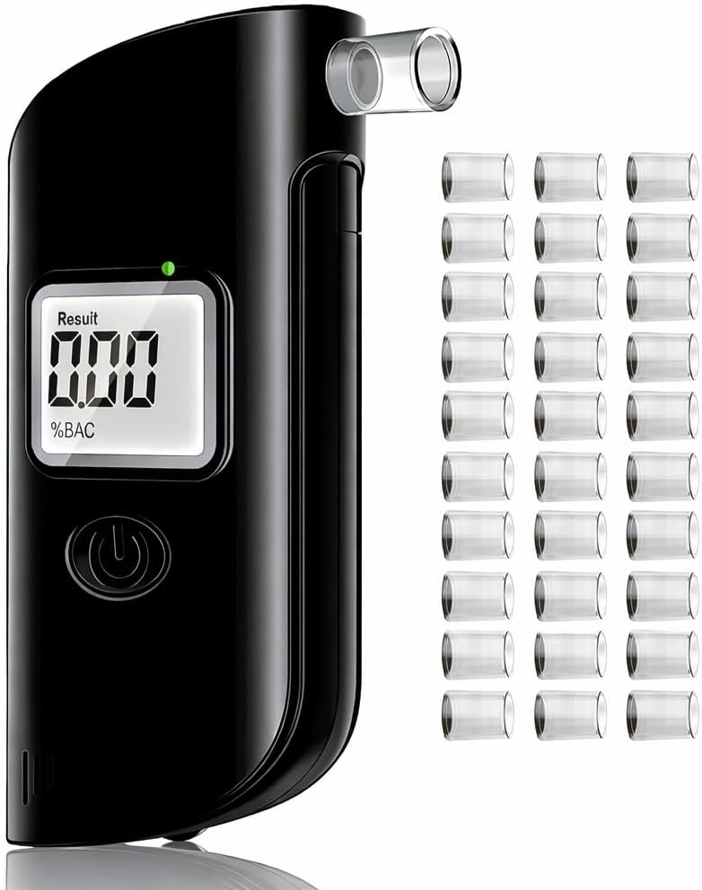 Alkoholtester, Promillemessgerät mit 30 Mundstücken, LCD-Perlschwarz | Tragbarer Professioneller Alkoholmessgerät, Alkohol Tester mit Digitaler LCD-Anzeige für Familienfeier