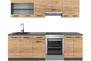 Vicco Cucina componibile Raul, Quercia dorata/antracite, 240 cm, PL Fantasia nera