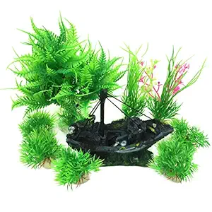 Pietypet Fish Tank Decorations Plants with Rockery View, 9pcs Green Aquarium Plants Plastic and Aquarium Boat Cave Resin Fish Tank Ornament Decoration