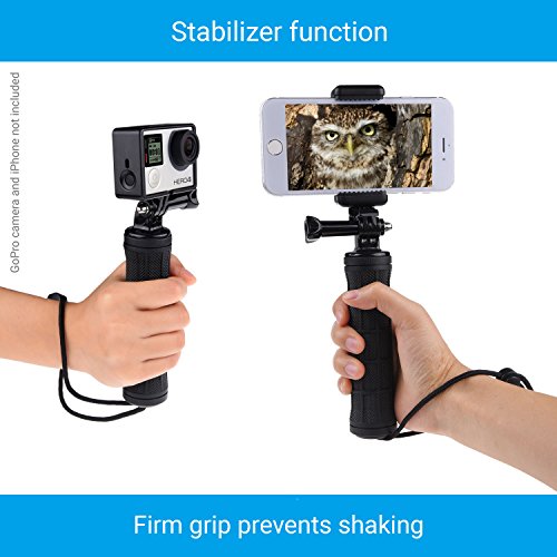 Impugnatura Stabilizzante per GoPro HERO4, Session, Nero, Argento, Hero+ LCD, 3+, 3, 2, 1 e la maggior parte di Fotocamere Compatte & Smartphone - Adattatore Treppiede, Porta Telefono Universale - Fotografia Steady Shot, Selfie (Impugnatura + adattatore treppiede + porta telefono, Nero)