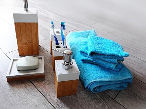 Die original MK Bamboo PARIS – Exklusives Badezimmer Set bestehend aus 7 Stück aus Bambus – Enthält: Bürstenhalter, Spender für Seife, Seifenschale, Zahnputzbecher, 1 Tasse Generica, 1 kleiner Becher mit Deckel und 1 Tasse groß mit Deckel – Montage-Zubehör Badezimmer aus Holz Typ Design Paris - 2