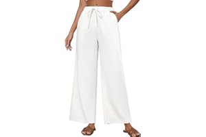 TOMEEK Pantalon Femme en Coton Lin Pantalon Fluide Femme Été Taille Haute Elastique avec Léger Cordon Pantalon Large Décontracté Pantalon Chic et Elegant avec Poches