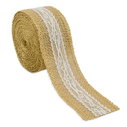 2er SET Jute-, Geschenkband mit Spitze für Weihnachtsgeschenke, Blumensträuße und zur Dekoration, Hochzeitsdekorationen, Tischverzierung oder Geburtstagspresente, Schleife, Farbe: Natur/weiß - 4