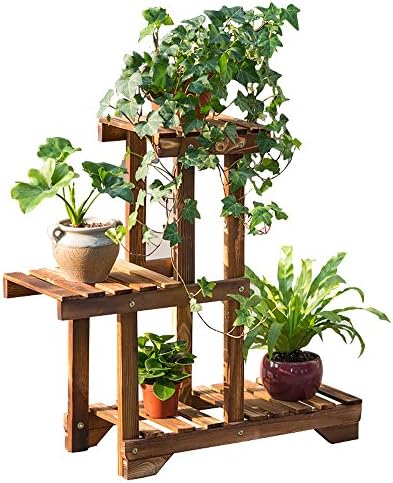 Piontth 3 Layers Natural Wood Assembly Type Flower Racks Home Decoration Flower Stand Multi-Function Storage Rack Flower Pot Holder For Balcony Living Room Cafe Lobby