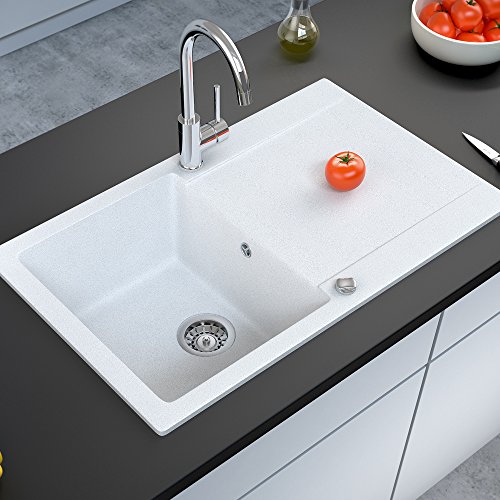 Spüle Granitspüle Küchenspüle Einbauspüle Auflage 780 x 495 mm eckig glatte Ablage Spülbecken + Drehexcenter + Siphon (Weiss (710)) - 4