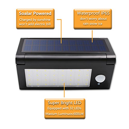 32 LED Solarleuchte mit Bewegungsmelder, Solar Wandleuchte / Bewegungssensor Solarlampe / Solar Außenleuchte mit Zaunlampen Für Patio, Plattform, Yard, Kampierendes Faltbares Wasserdichtes (Schwarz) Solar Wall Lights - 3
