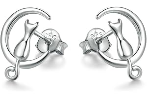 Epoch World Pendientes Mujer Plata de Ley 925, Pendientes Gato y Luna, Pendientes de Gato Plata para Mujer/Niña, Pendientes de Plata Mujer Tous de Aros
