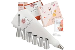 Wenburg Zestaw z bawełnianym rękawem cukierniczym premium 35 cm, adapter, 7 dużych profesjonalnych końcówek ze stali nierdzewnej do dekoracji ciast, tortów, ciastek, edycja prezentowa (Premium)