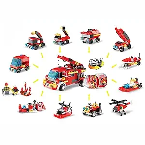 Amazon Brand - Dart Bee Building Block City Fire Rescue Pioneer Model Set Educational & Construction Toy Puzzles Learning Activity Game for Kids 450+ Pieces 12 in 1 (City Fire Rescue Pioneer)