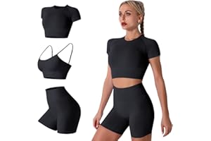 IMEKIS Femmes 3 PCS Gym Set Soutien-Gorge de Sport avec Crop Top et Shorts Sans Couture Yoga Vêtements Fitness Workout Outfit Dames Slim Fit Biker Activewear Running Survêtement
