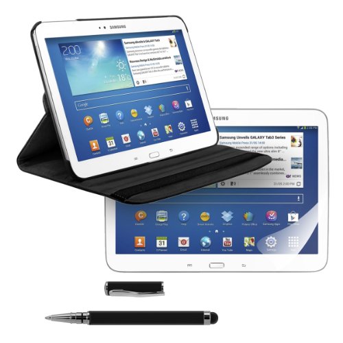 3in1 Set: kwmobile Hülle für Samsung Galaxy Tab 3 10.1 P5200 / P5210 / P5220 - 360° Standfunktion Case Tablet Schutzhülle Kunstleder - Smart Cover Tabletcase Schwarz + Folie, kristallklar + Stylus, schwarz