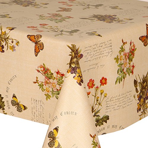 PVC Tablecloth Collector 1 Metre (100cm x 140cm), Vintage Butterfly Floral Leaves Text Wild Flowers Linen Look, Beige Green Orange Latte Red Purple Yellow, Wipe Clean, Vinyl / Plastic Table Cloth