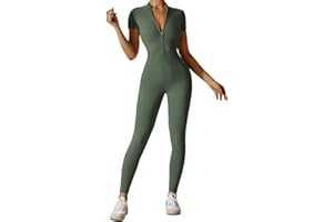 Litthing Women Yoga Jumpsuit Zip up Unitard Short Sleeve Bodysuit Sports Romper Stretchy Bodycon Playsuit Workout Outfit Slim Fit One Piece Smooth Touch Bodysuit Fitness Sportswear Daily Wear