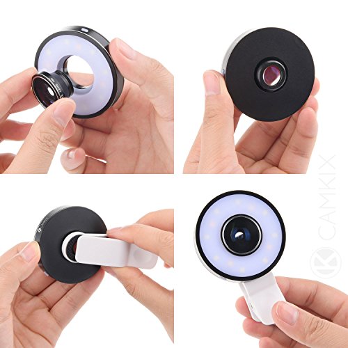 Juego de lentes de Camara con anillo de luz LED para el telefono/ Tableta - Universal - Ojo de Pez, Gran Angular y Lentes Macro - Actualizacion Increible (Para Apple iPhone SE/6/6S, iPad, Samsung Galaxy S7/S7 Edge, Tab/Note, etc.) (Juego de Lentes de Camara con anillo de luz LED)