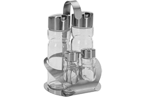 MGE WORLD MGE - Set Olio e Aceto con Sale e Pepe - 4 Pezzi con Supporto in Acciaio Inox - Bottiglie in Vetro Ricaricabili Antigoccia - Elegante per Cucina e Tavola